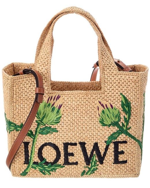 Loewe Green Dnu Inv Logo Small Raffia & Leather Tote