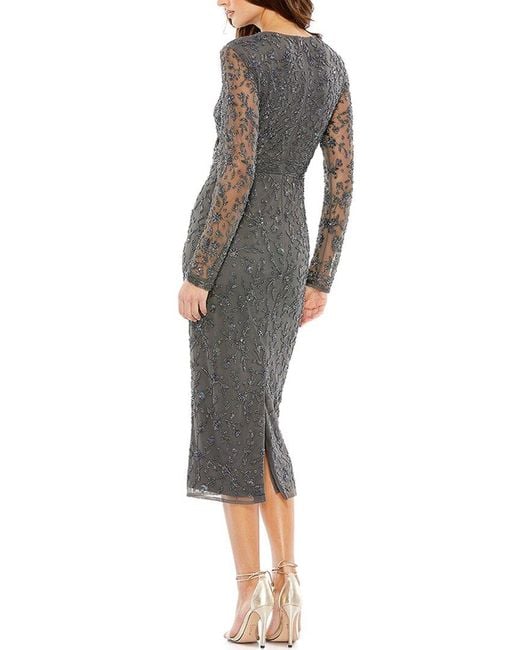 Mac Duggal Gray Beaded Tea Length Sheath With Sheer Sleeves