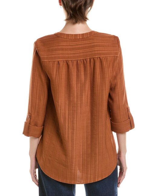 Jones New York Brown Roll Tab Pleat Front Woven Top