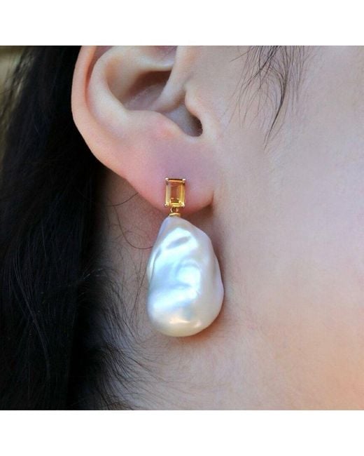 Kai Fine Jewelry White 14K 1.10 Ct. Tw. Citrine & 16-17Mm Pearl Drop Earrings
