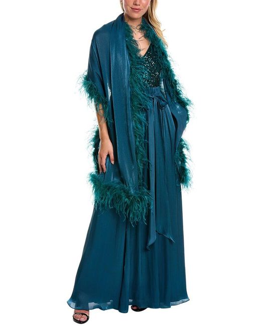Badgley Mischka Blue Feather Wrap Gown