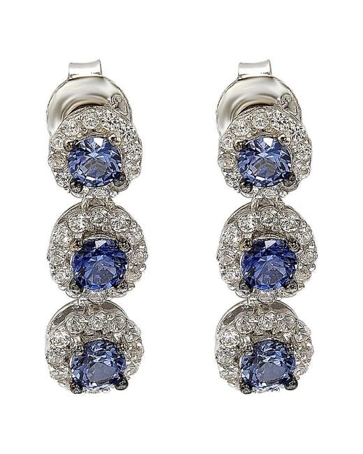Suzy Levian Blue Silver 1.42 Ct. Tw. Diamond & Sapphire Halo Drop Earrings