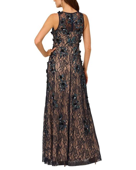 Adrianna Papell Multicolor Sleeveless Beaded Lace Long Gown