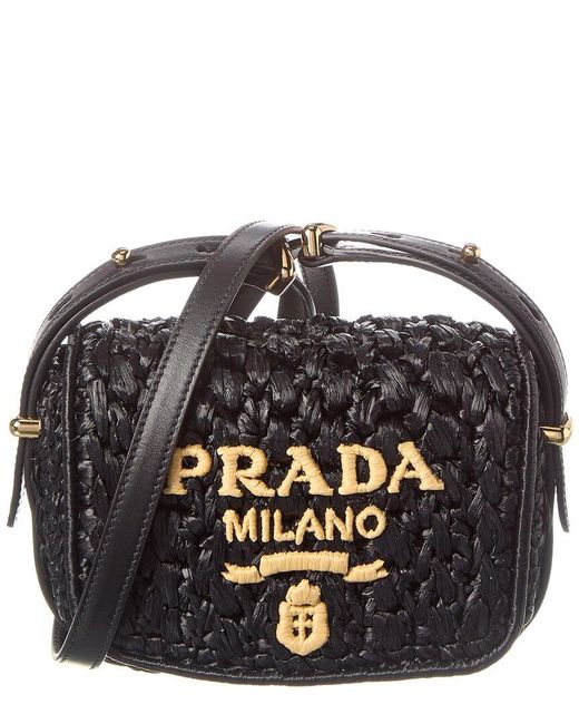 Prada Black Logo Crochet & Leather Shoulder Bag