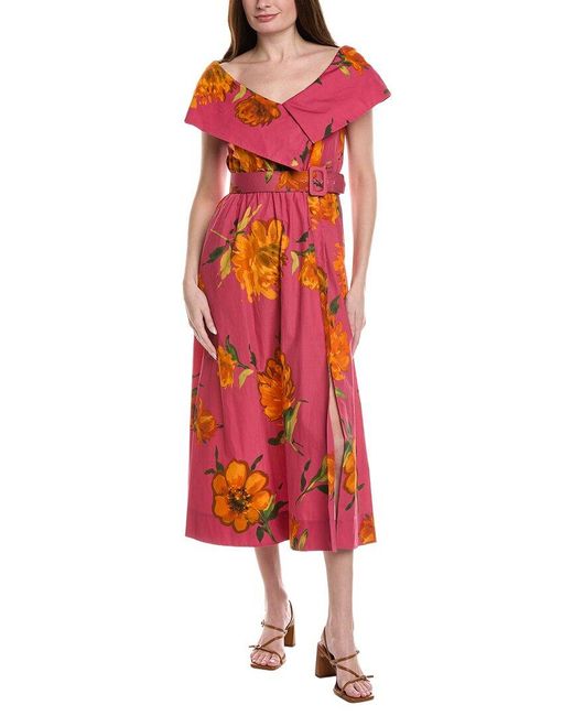 Lela Rose Red Asymmetrical Button Front Cuff Dress