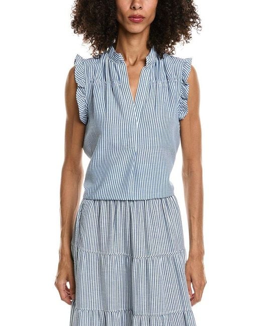 Max Studio Blue Ruffle Sleeve Split Neck Top