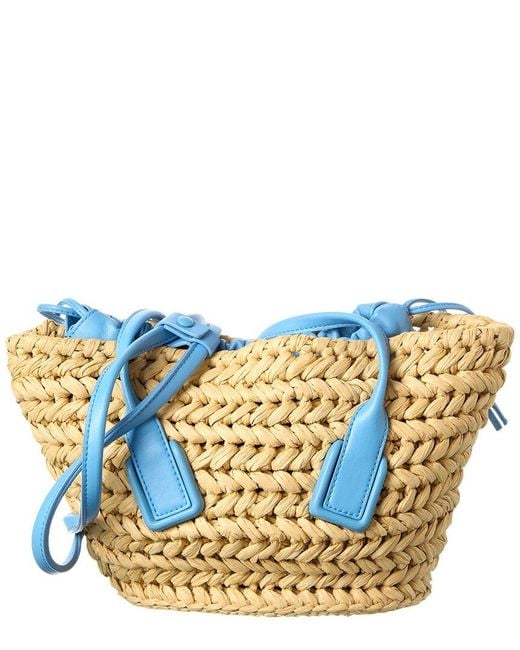 Bottega Veneta Blue Arco Small Straw & Leather Basket Tote