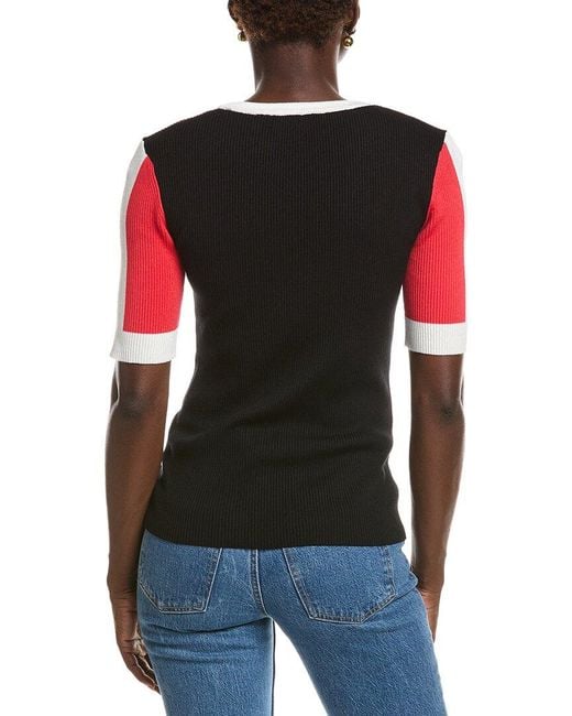 Tahari Red Elbow Sleeve Colorblock Rib Pullover
