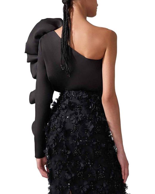 Carolina Herrera Black One Shoulder Flower Sleeve Silk Top