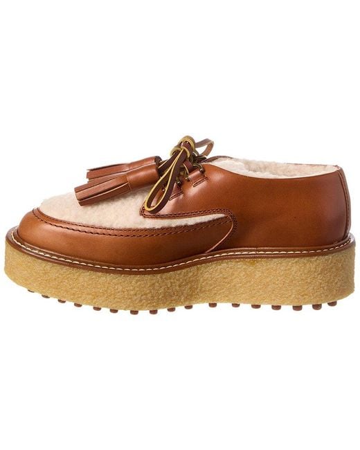 Tod's Brown Leather & Shearling Platform Loafer