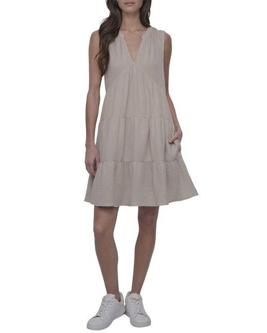 DKNY Gray Double Crepe Gauze Tiered Dress