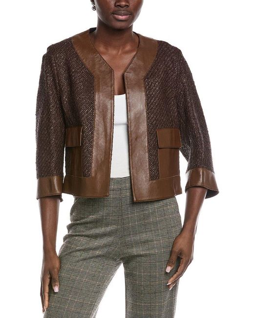 Akris Brown Gate Leather-Trim Wool-Blend Jacket