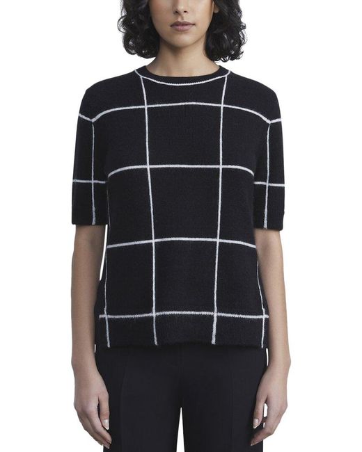 Lafayette 148 New York Black Tile Grid Intarsia Cashmere Pullover