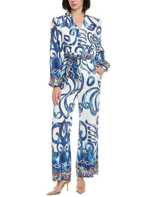 Gracia Blue Floral Print V-Collar Neck Jumpsuit