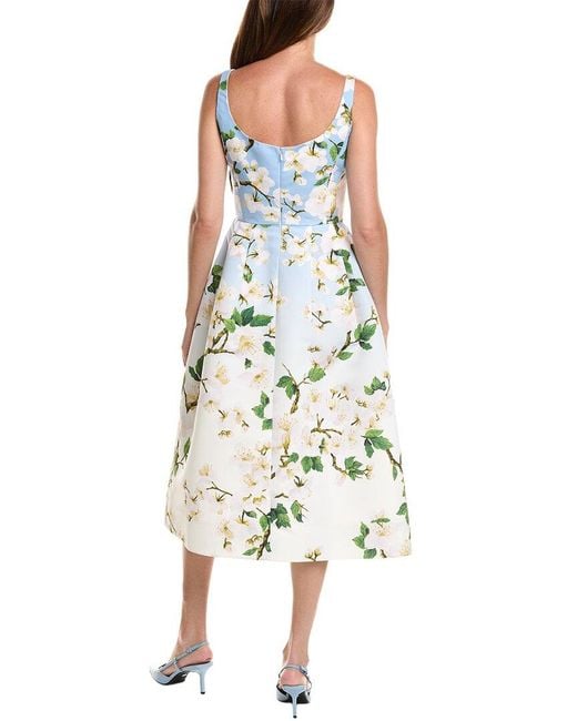 Oscar de la Renta White Cherry Blossom Faille Silk-Lined Midi Dress