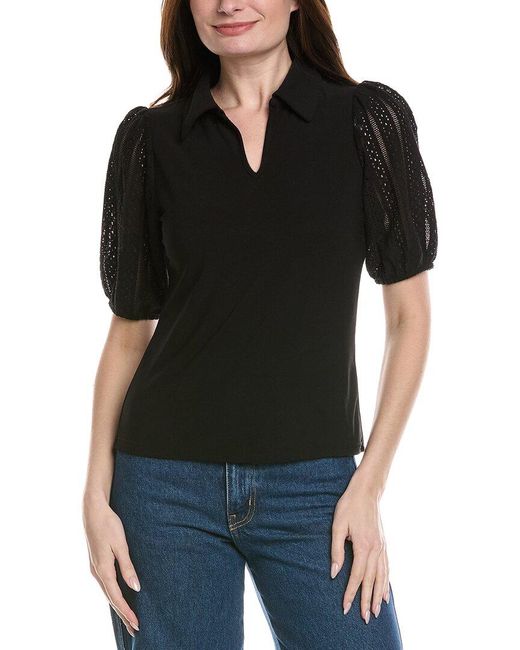 Cece Black Puff Sleeve Keyhole Top