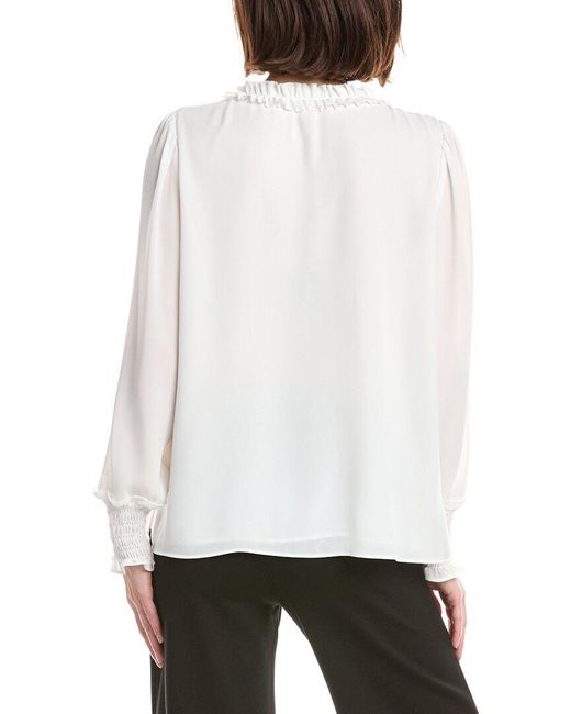 Tahari White Split Neck Ruffle Trim Blouse