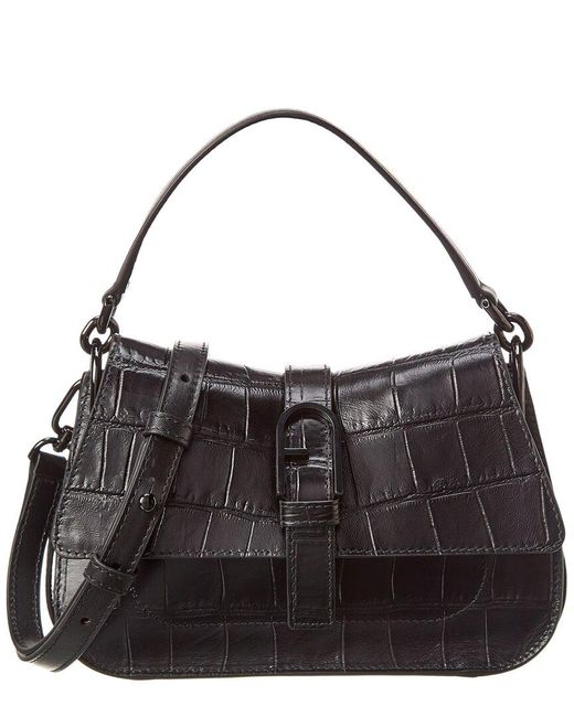 Furla Black Flow Mini Top Handle Croc-embossed Leather & Suede Shoulder Bag