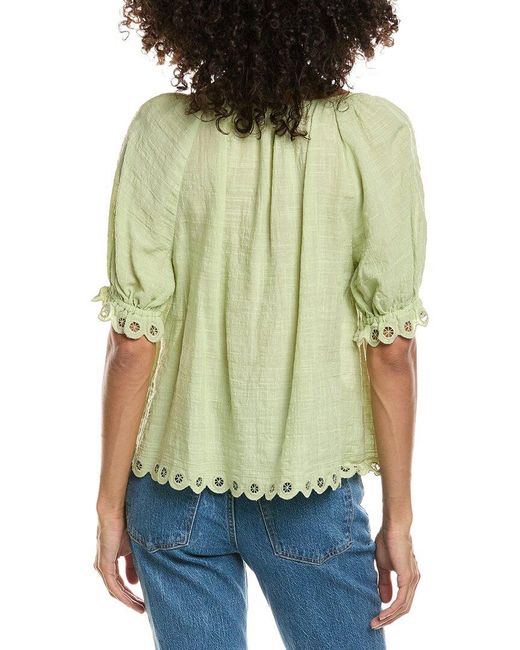 Max Studio Green Scallop Edge Bubble Sleeve Blouse