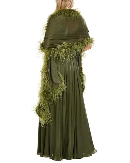 Badgley Mischka Green Feather Wrap Gown