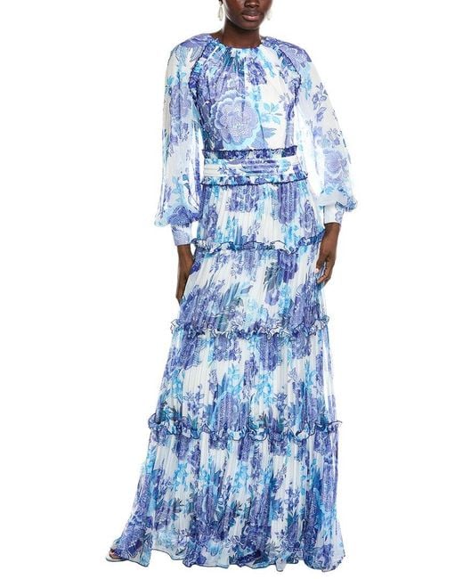 Tadashi Shoji Blue Atlas Pleated Floral Print Gown