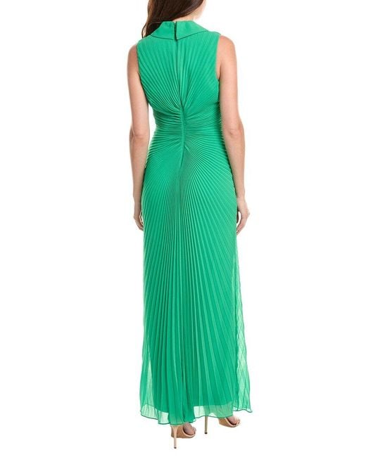 Badgley Mischka Green Sunburst Pleated Shirt Gown
