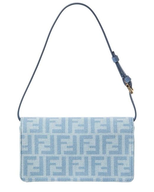 Fendi Blue Baguette Ff Denim & Leather Wallet On Chain