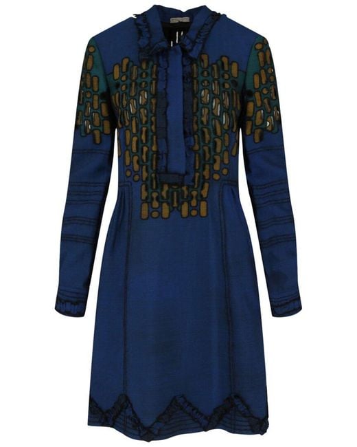 Bottega Veneta Blue Collared Pattern Wool Dress