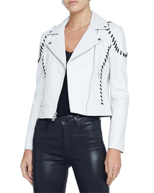 L'Agence White Eleana Whipstitch Leather Biker Jacket