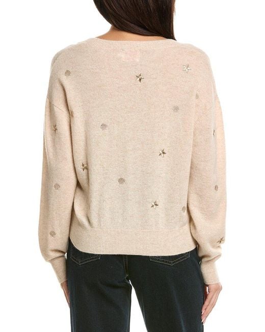 Brodie Cashmere Natural Sea Embroidery V-Neck Cashmere Sweater