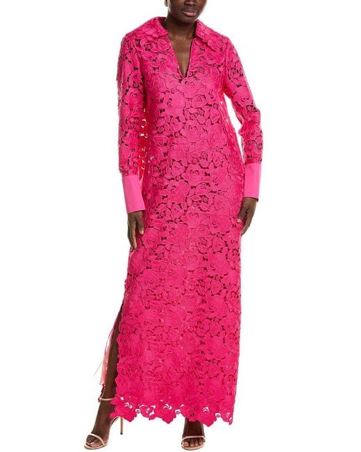 Oscar de la Renta Pink Roses Guipure & Poplin Maxi Dress