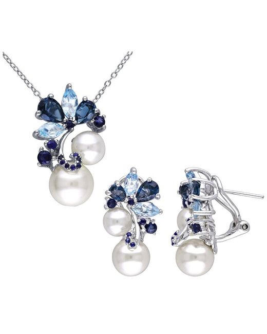 Pearls Blue Silver Gemstone & Pearl Earrings & Necklace Set