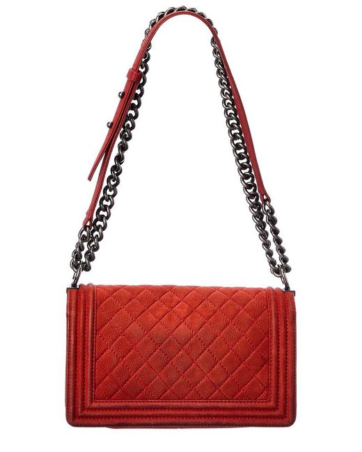 Chanel Red Quilted Suede Medium Boy Bag (authentic Pre-owned)