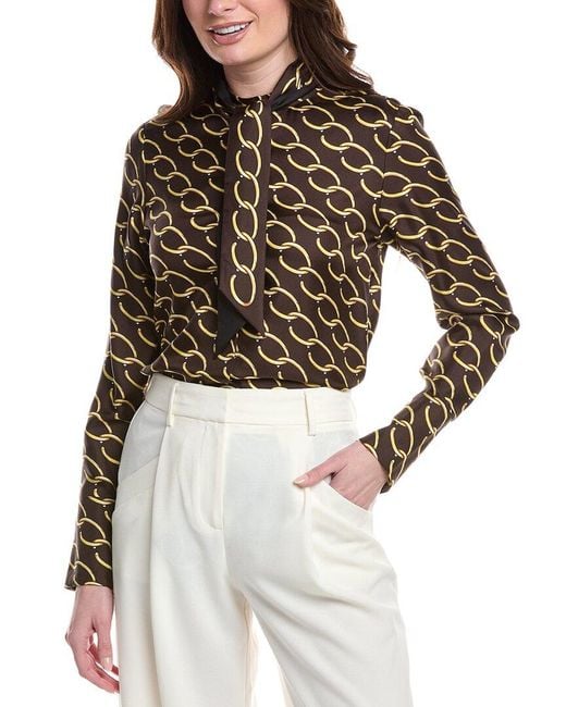 Oscar de la Renta Brown Tie-Neck Chain Print Silk Blouse