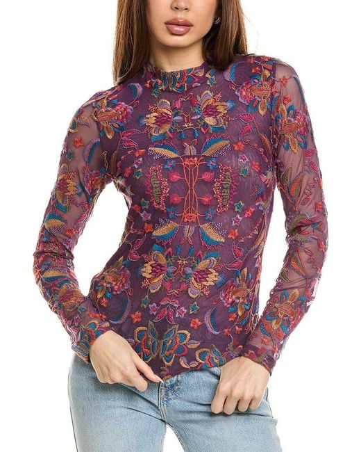 Johnny Was Purple Rebecca Mesh Mock Neck T-Shirt