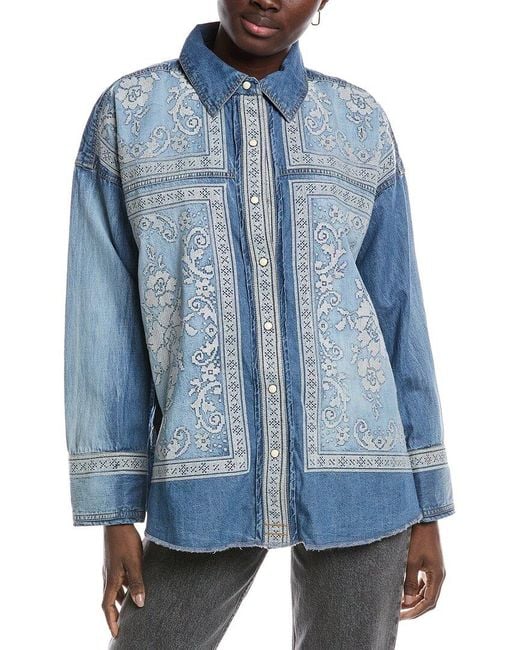 Free People Blue Lace Embroidered Denim Shirt