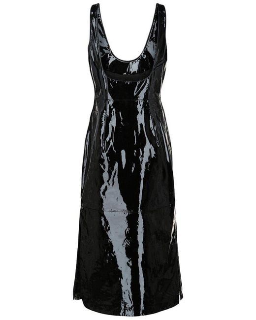 Ferragamo Black Scoop Neck Patent Leather Midi Dress
