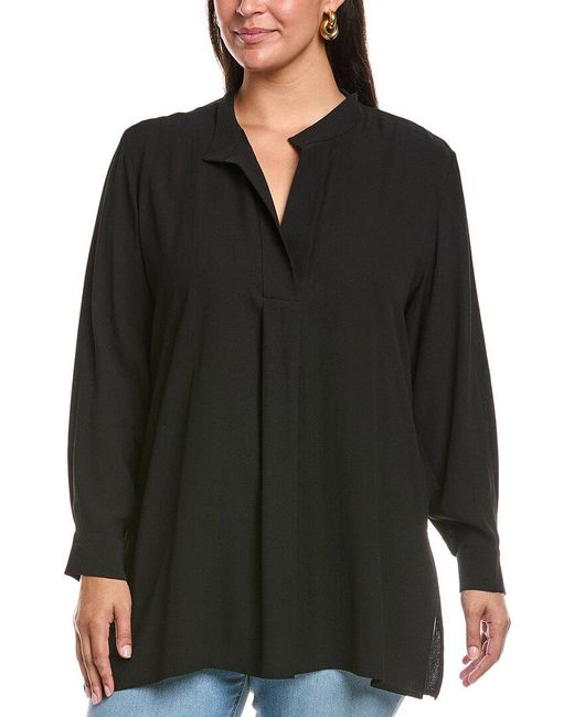 Eileen Fisher Black Plus Stand Collar Silk Tunic