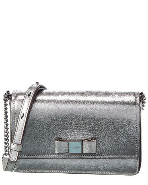 Kate Spade Gray Morgan Bow Embellished Metallic Leather Flap Chain Wallet