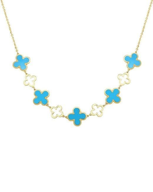 Italian Gold Blue 14K Station Layered Clover Necklace