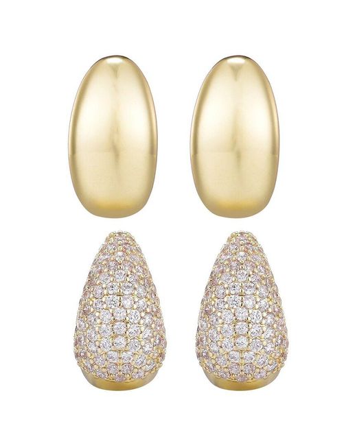 Adornia White 14K Plated Crystal & Plain Chunky Hoop Set Earrings