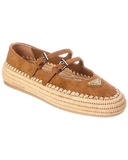 Prada Brown Triangle Logo Suede & Leather Ballerina Flat