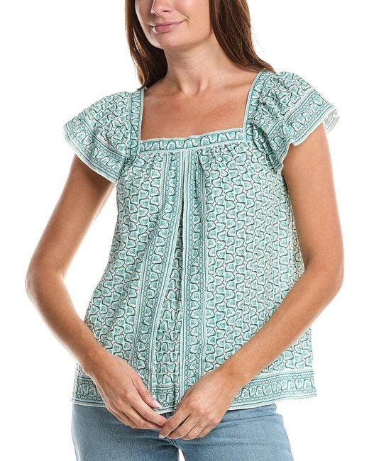Max Studio Blue Square Neck Flutter Sleeve Blouse