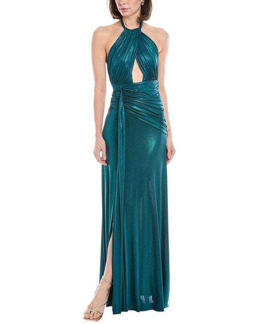 PATBO Women's Green Metallic Jersey Halter Neck Maxi Dress