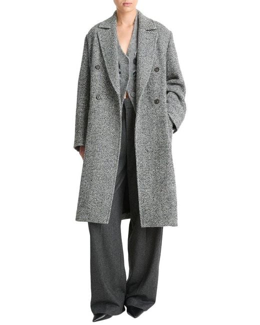 Vince Gray Herringbone Double-Breasted Wool & Silk-Blend Coat