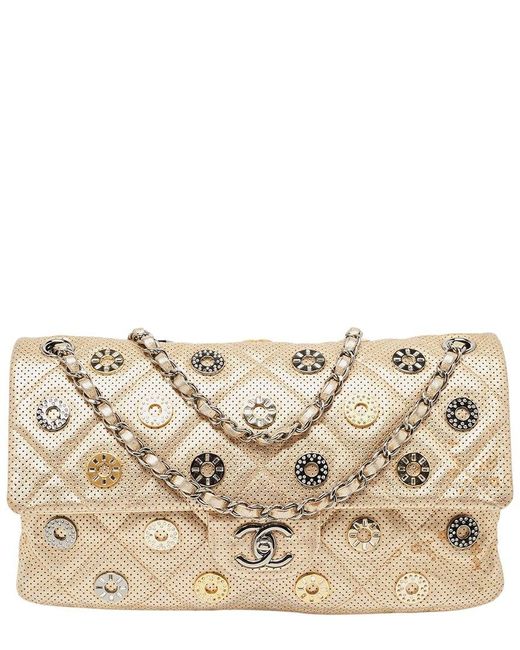 Chanel Natural Quilted Perforated Leather Embellished East/West Classic Double Flap Bag (Authentic Pre-Owned)