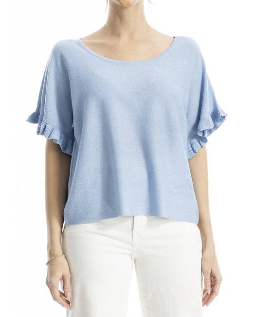 Max Studio Blue Flutter Sleeve Linen-Blend Top