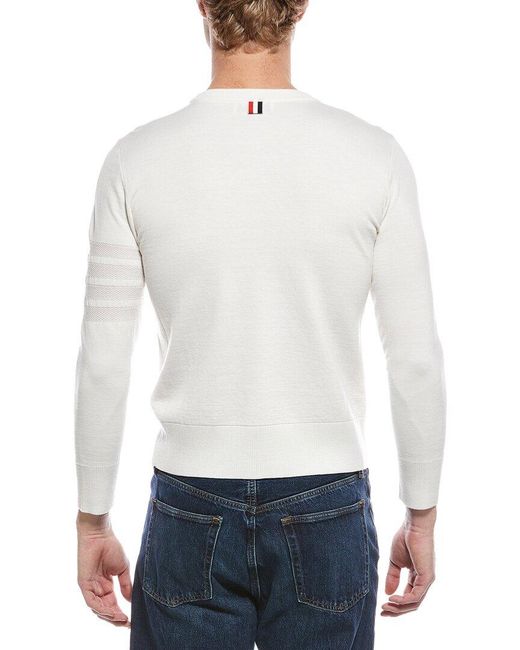 Thom Browne White Merino 4 Bar Wool & Linen-Blend Crewneck Sweater for men