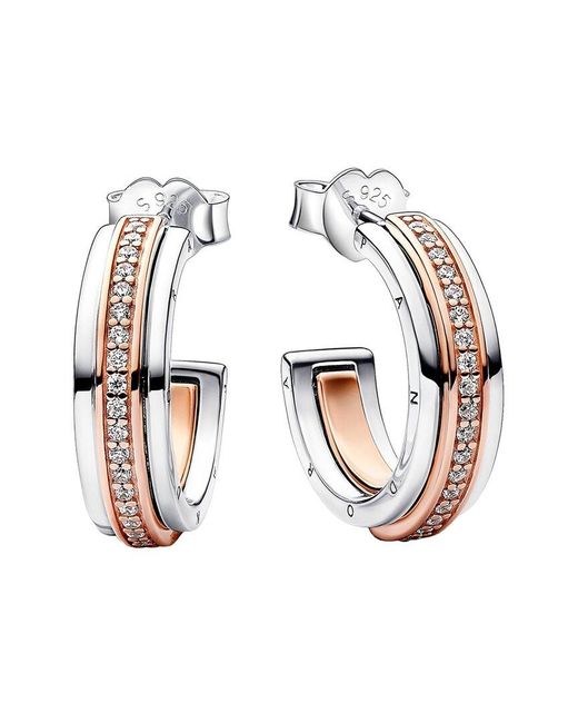 Pandora White Signature & 14K Rose Plated Cz Hoop Earring