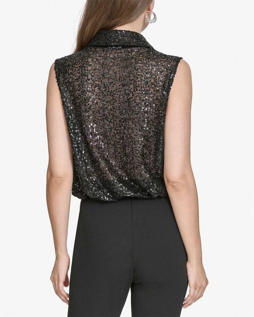 Halston Heritage Black Collared Sequin Top